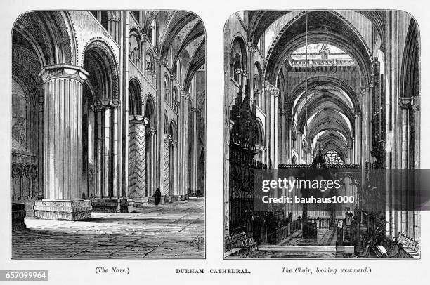 durham cathedral in durham, england victorian engraving, 1840 - durham cathedral stock illustrations