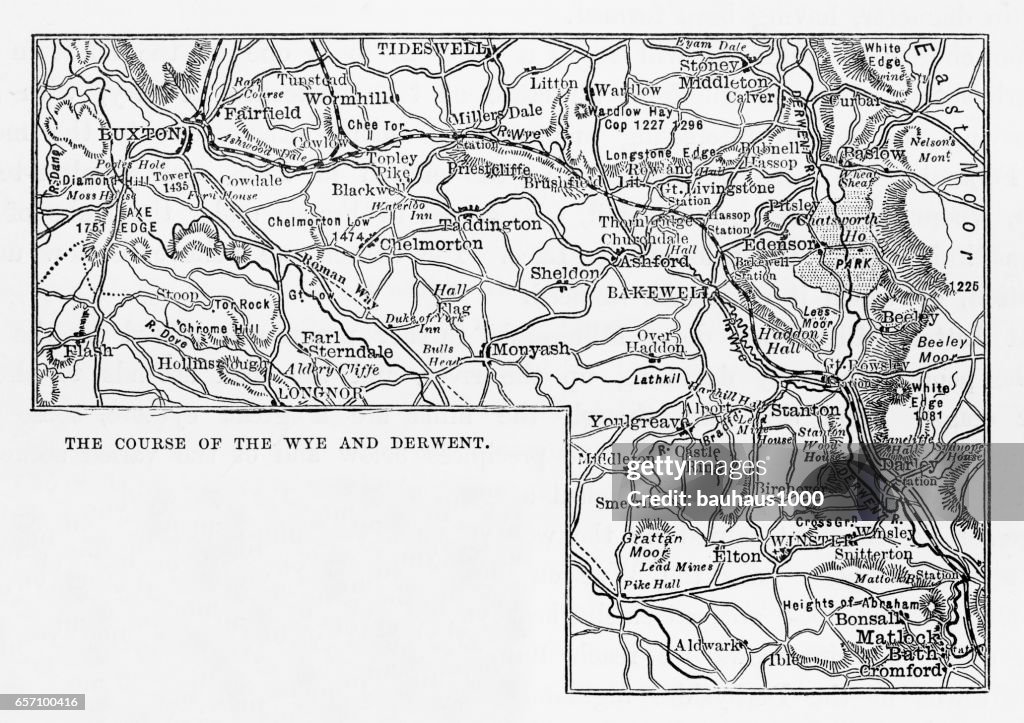 Map, Rivers Wye and Derwen, Derbyshire, England Victorian Engraving, 1840