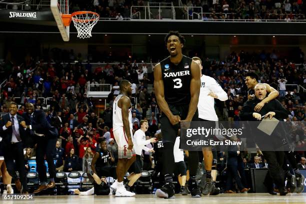 Quentin Goodin of the Xavier Musketeers celebrates their 73 to 71 win over the Arizona Wildcats during the 2017 NCAA Men's Basketball Tournament West...