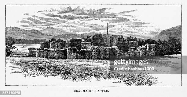 beaumaris castle in beaumaris, wales victorian engraving, 1840 - beaumaris castle stock illustrations
