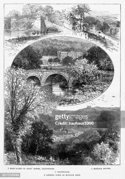 chatsworth house in derbyshire, england victorian engraving, 1840 - chatsworth stock illustrations