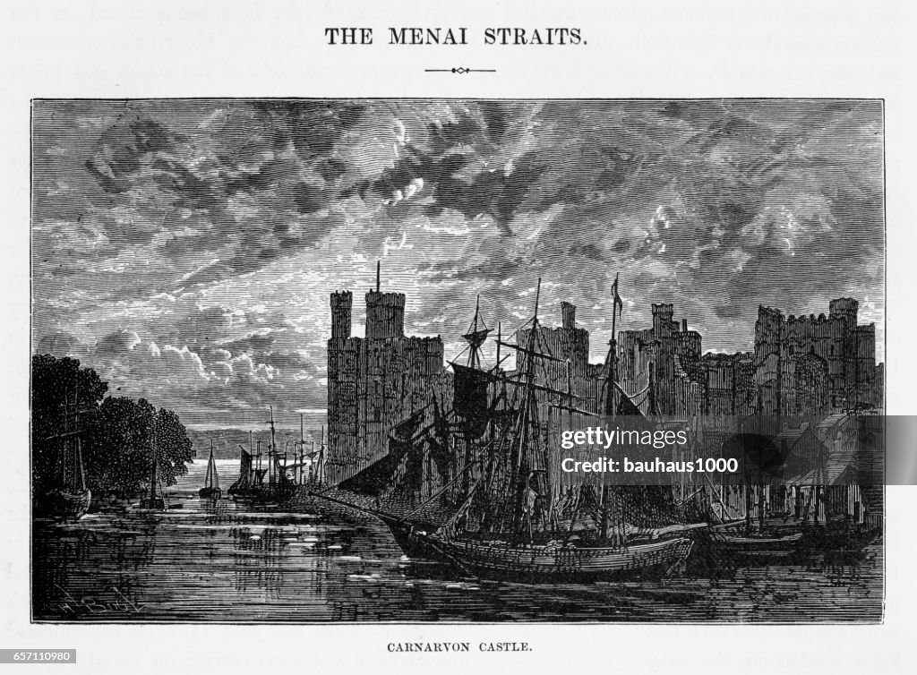 Carnarvon Castle in Gwynedd, Wales Victorian Engraving, 1840
