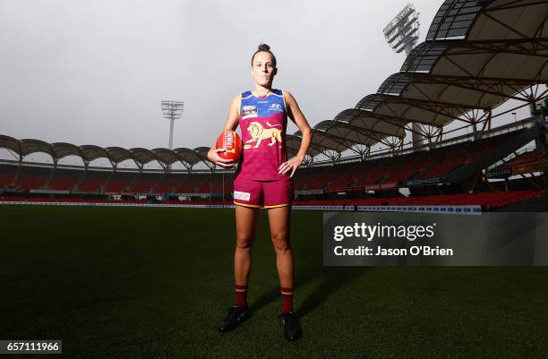 Emma Zielke of the Lions poses for a photo during the Women's AFL Grand Final press conference at Metricon Stasium on March 24, 2017 in Gold Coast ,...