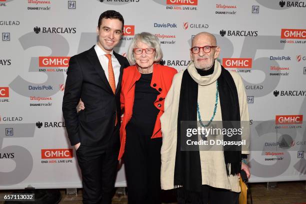 Larry Kramer, Liz Smith, and guest attend the GMHC 35th Anniversary Spring Gala at Highline Stages on March 23, 2017 in New York City.