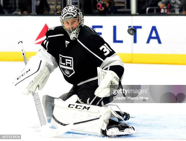 Ben Bishop of the Los Angeles Kings makes a save on a shot from the Winnipeg Jets during the third period of a 5-2 Kings win at Staples Center on...