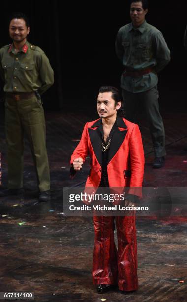 Actor Jon Jon Briones takes part in the curtain call on the opening night of "Miss Saigon" Broadway at the Broadway Theatre on March 23, 2017 in New...