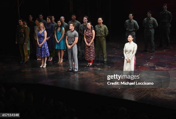 Actress/singer Eva Noblezada takes part in the curtain call on the opening night of "Miss Saigon" Broadway at the Broadway Theatre on March 23, 2017...