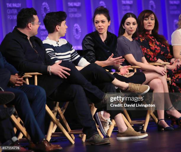 Actors Kristian Bruun, Jordan Gavaris, Tatiana Maslany, Kathryn Alexandre and Maria Doyle Kennedy appear on stage at The Paley Center for Media's...