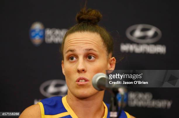 Emma Zielke of the Lions talks to the media during the Women's AFL Grand Final press conference at Metricon Stadium on March 24, 2017 in Gold Coast ,...