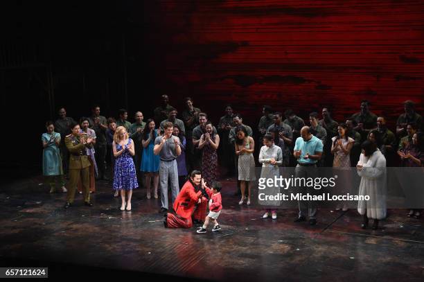The cast takes part in the curtain call on the opening night of "Miss Saigon" Broadway at the Broadway Theatre on March 23, 2017 in New York City.