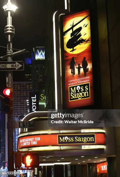 Theatre Marquee for The Opening Night Performance of the New Broadway Production of "Miss Saigon" at the Broadway Theatre on March 23, 2017 in New...