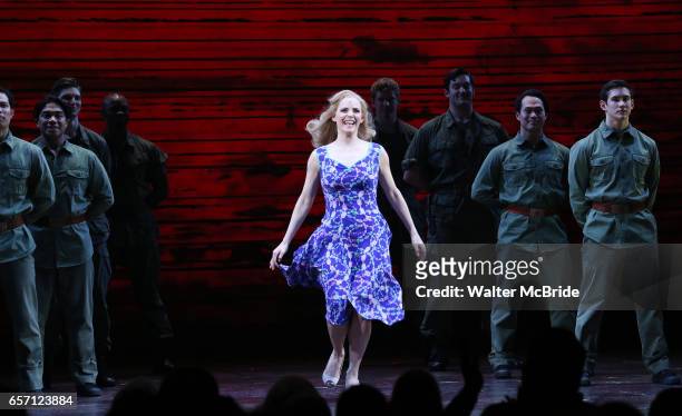 Katie Rose Clarke with cast during The Opening Night Curtain Call Bows for the New Broadway Production of "Miss Saigon" at the Broadway Theatre on...