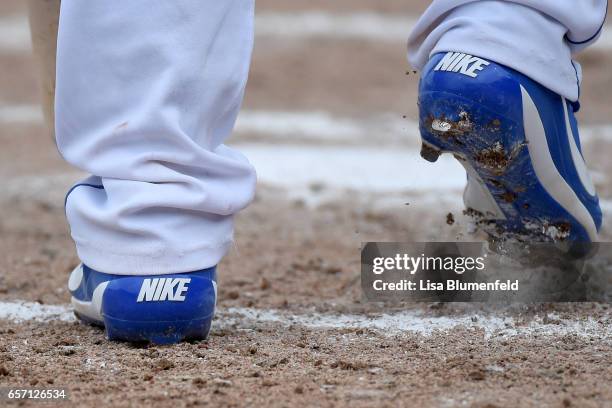 Christian Colon of the Kansas City Royals wears Nike shoes during the game against the San Diego Padres at Surprise Stadium on March 22, 2017 in...