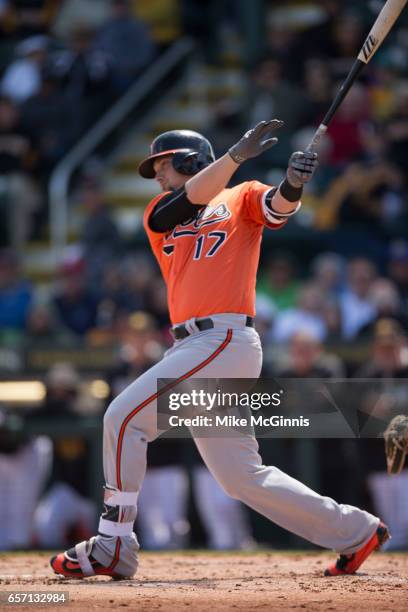 Chris Johnson of the Baltimore Orioles in action during the Spring Training game against the Pittsburgh Pirates at LECOM Park on March 15, 2017 in...