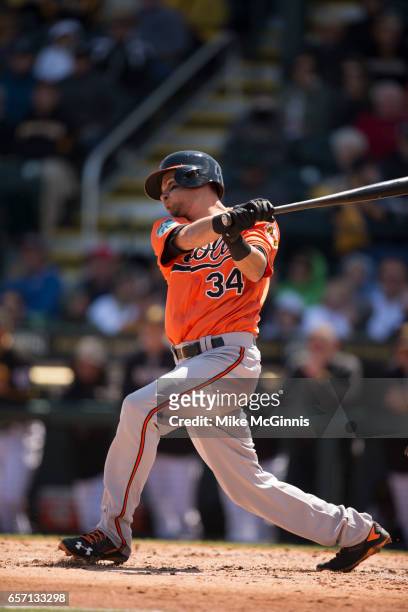 Paul Janish of the Baltimore Orioles in action during the Spring Training game against the Pittsburgh Pirates at LECOM Park on March 15, 2017 in...
