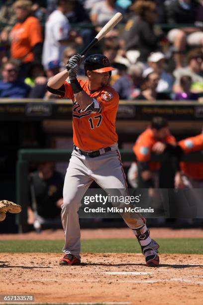 Chris Johnson of the Baltimore Orioles in action during the Spring Training game against the Pittsburgh Pirates at LECOM Park on March 15, 2017 in...