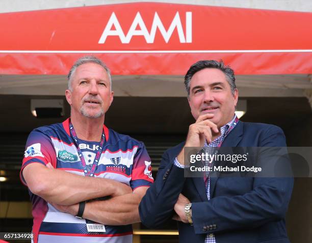 England cricket legend Ian Botham is seen dressed in a Melbourne Rebels shirt with Rebels Managing Director Andrew Cox during the round five Super...