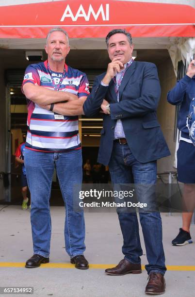 England cricket legend Ian Botham is seen dressed in a Melbourne Rebels shirt with Rebels Managing Director Andrew Cox during the round five Super...