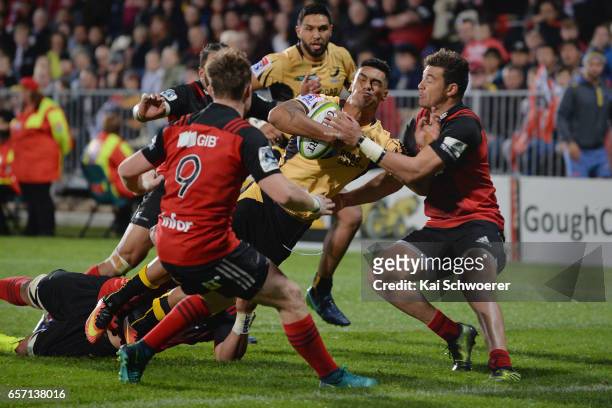 Chance Peni of the Force runs through to score a try during the round five Super Rugby match between the Crusaders and the Force at AMI Stadium on...
