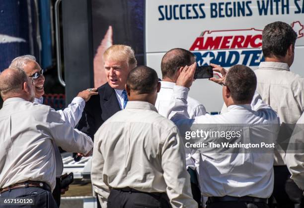 President Donald Trump shakes the hands of truckers and meets CEOs regarding healthcare on the South Lawn of the White House in Washington, DC...