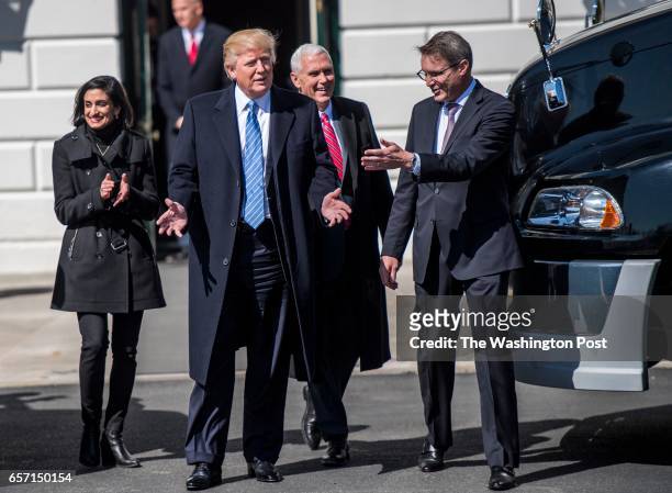 From the left, Accompanied by Administrator of the Centers for Medicare and Medicaid Services Seema Verma and Vice President Mike Pence, President...