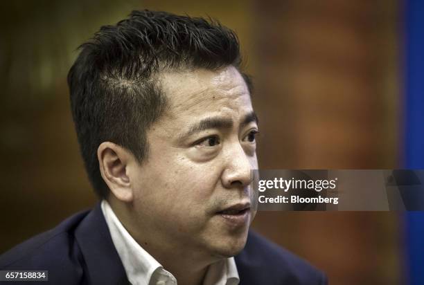 Wang Zhonglei, vice chairman, president and co-founder of Huayi Brothers Media Corp., speaks during an interview on the sidelines of the Boao Forum...