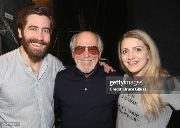 Jake Gyllenhaal, Jimmy Buffett and Annaleigh Ashford pose backstage at the hit musical "Sunday in The Park with George" on Broadway at The Hudson...