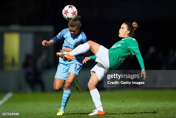 Nikita Parris of Manchester City and Tamires of Fortuna Hjorring compete for the ball during the UEFA Women's Champions League match between Fortuna...