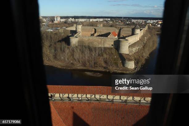 In this view from the tower of Hermann Castle, which is on the Estonian side of the Narva River, Ivangorod Fortress, which is on the Russian side,...