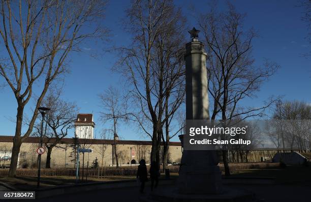 Soviet memorial stands near the grounds of Hermann Castle on March 23, 2017 in Narva, Estonia. Estonia is a member of the European Union and shares...