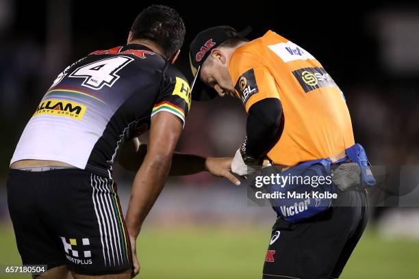 Peta Hiku of the Panthers receieves attention from the trainer during the round four NRL match between the Penrith Panthers and the Newcastle Knights...