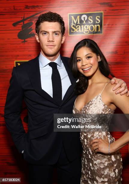 Alistair Brammer and Eva Noblezada attend The Opening Night After Party for the New Broadway Production of "Miss Saigon" at Tavern on the Green on...