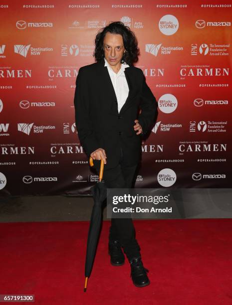 Paul Capsis arrives ahead of opening night of Handa Opera's production of Carmen at Sydney Harbour on March 24, 2017 in Sydney, Australia.