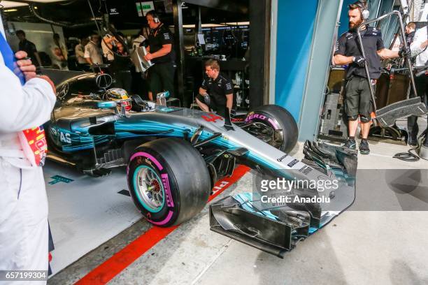 Lewis Hamilton of the United Kingdom driving for Mercedes AMG Petronas exits pit lane on Friday Free Practice during the 2017 Rolex Australian...