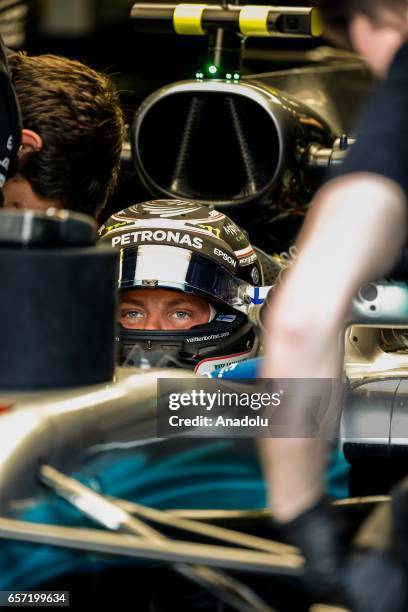 Valtteri Bottas of Finland driving for Mercedes AMG Petronas sits in the cockpit on Friday Free Practice during the 2017 Rolex Australian Formula 1...