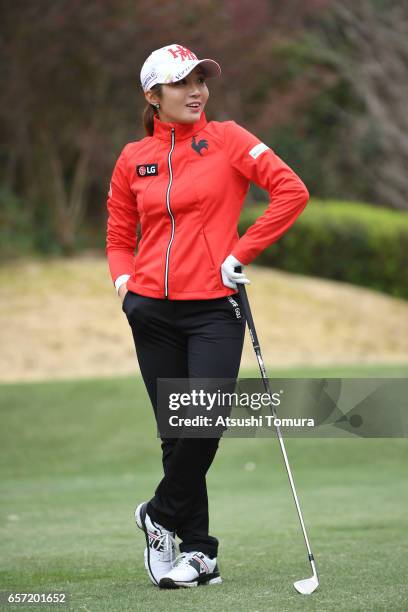 Bo-Mee Lee of South Korea smiles during the first round of the AXA Ladies Golf Tournament at the UMK Country Club on March 24, 2017 in Miyazaki,...