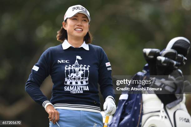 Erina Hara of Japan smiles during the first round of the AXA Ladies Golf Tournament at the UMK Country Club on March 24, 2017 in Miyazaki, Japan.