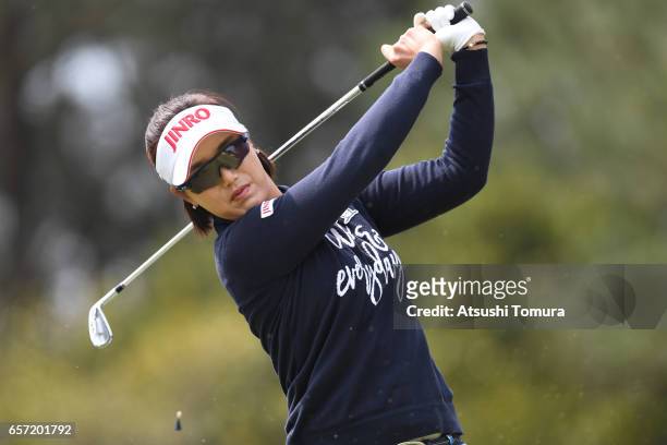 Mi-Jeong Jeon of South Korea hits her tee shot on the 2nd hole during the first round of the AXA Ladies Golf Tournament at the UMK Country Club on...