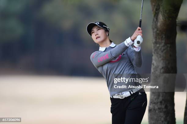 Ha-Neul Kim of South Korea hits her second shot on the 12th hole during the first round of the AXA Ladies Golf Tournament at the UMK Country Club on...