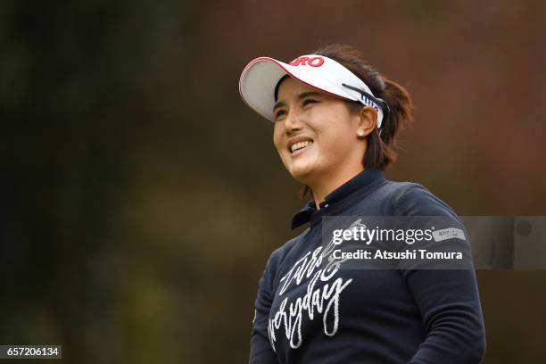 Mi-Jeong Jeon of South Korea smiles during the first round of the AXA Ladies Golf Tournament at the UMK Country Club on March 24, 2017 in Miyazaki,...
