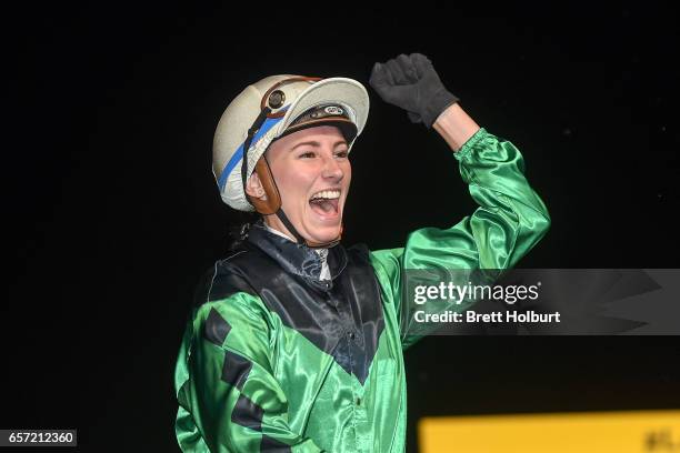 Katelyn Mallyon after Silent Sedition won the Keogh Homes William Reid Stakes at Moonee Valley Racecourse on March 24, 2017 in Moonee Ponds,...