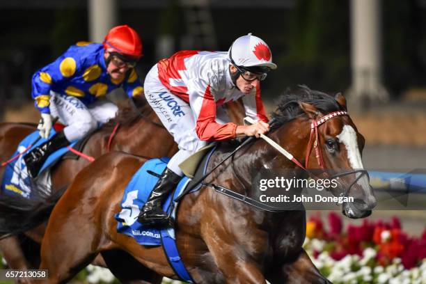 Handsome Thief ridden by Brad Rawiller wins the ADAPT Australia Handicap at Moonee Valley Racecourse on March 24, 2017 in Moonee Ponds, Australia.