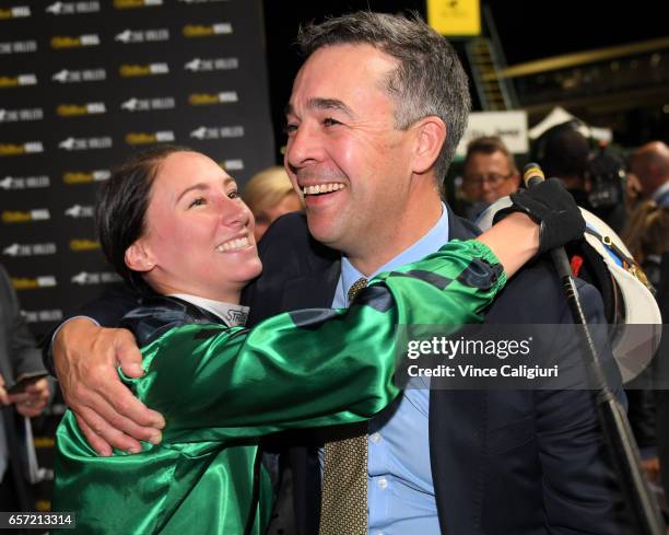 Katelyn Mallyon hugs trainer Andrew Noblett after riding Silent Sedition to win Race 7, William Reid Stakes during Melbourne Racing at Mooney Valley...