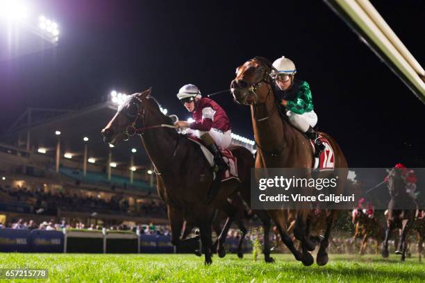 Katelyn Mallyon riding Silent Sedition defeats Damian Lane riding Hellbent in Race 7, William Reid Stakes during Melbourne Racing at Mooney Valley...