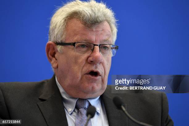 French Junior Minister for Budget Christian Eckert speaks during a press conference to present the latest figures on France's public deficit on March...
