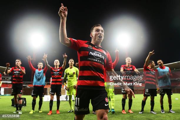 Brendon Santalab of the Wanderers celebrates victory with fans after the round 24 A-League match between the Western Sydney Wanderers and Melbourne...
