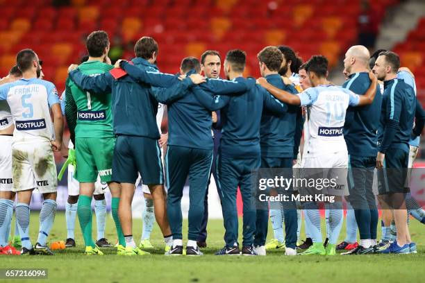 Melbourne City head coach Michael Valkanis speaks to players after the round 24 A-League match between the Western Sydney Wanderers and Melbourne...