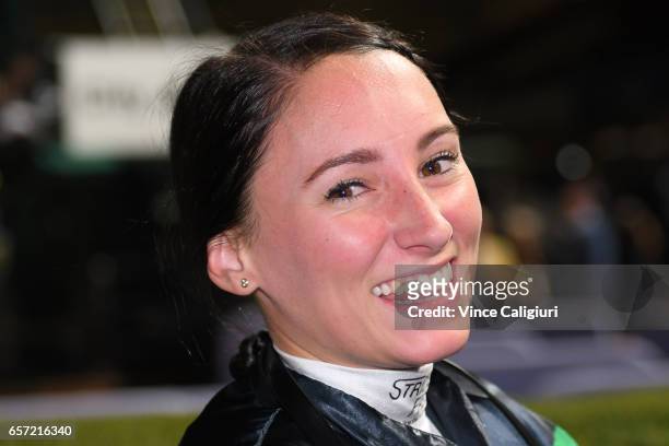 Katelyn Mallyon smiles after riding Silent Sedition to win Race 7, William Reid Stakes during Melbourne Racing at Mooney Valley Racecourse on March...