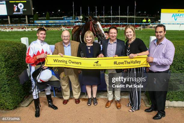 Presentation to connections of Handsome Thief with Brad Rawiller after winning the ADAPT Australia Handicap at Moonee Valley Racecourse on March 24,...