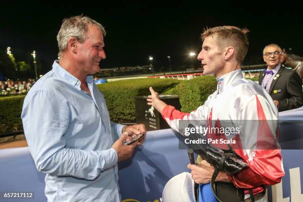 Darren Weir with Brad Rawiller after Handsome Thief won the ADAPT Australia Handicap at Moonee Valley Racecourse on March 24, 2017 in Moonee Ponds,...